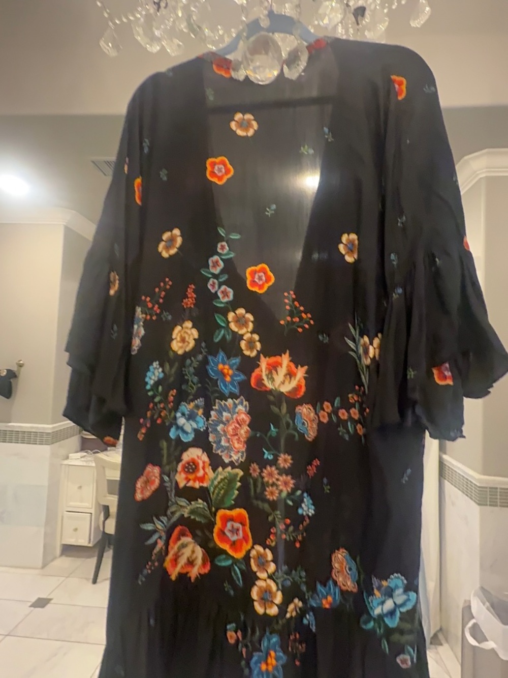 Johnny Was Nora Ruffle Kimono Black Floral Silk Boho Duster Cover-Up - Picture 9 of 13